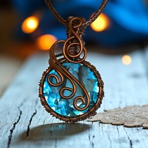 🆕 Boho Chic Genuine Light Blue Quartz Copper Wire Wrapped Pendant Necklace